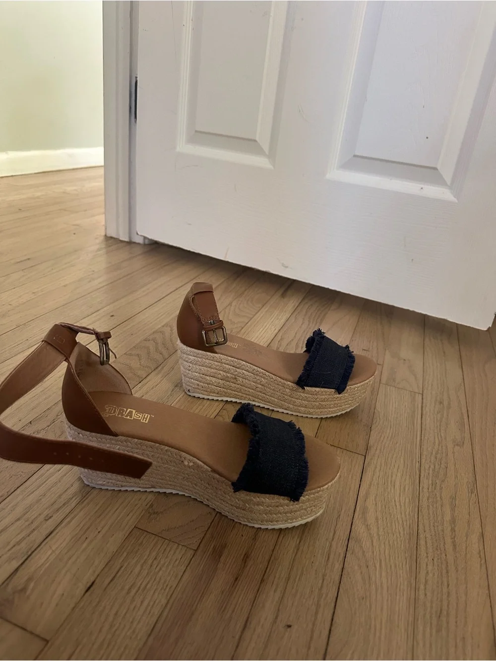 Women's Tan Espadrille Wedge Sandals with Navy Strap